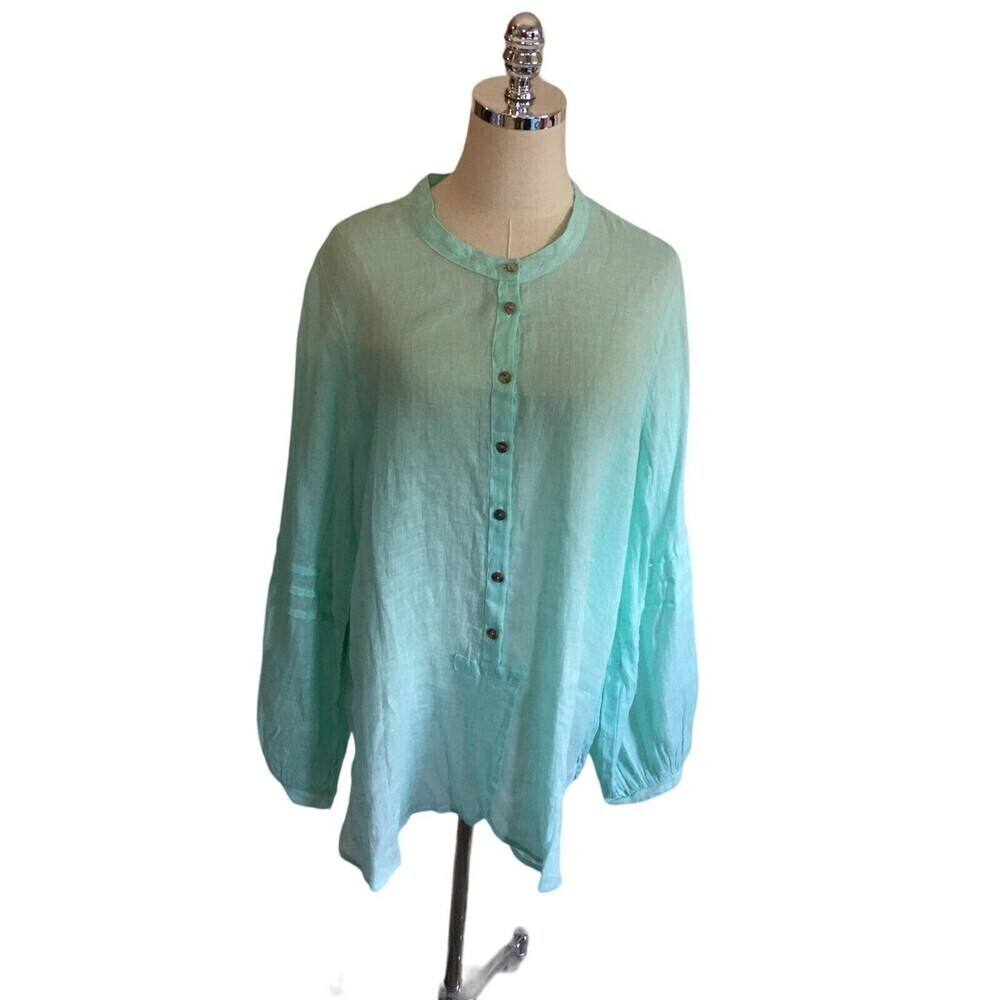 Color Me Cotton CMC Top Women's Size Medium Seafoam Green Linen Long Sleeve